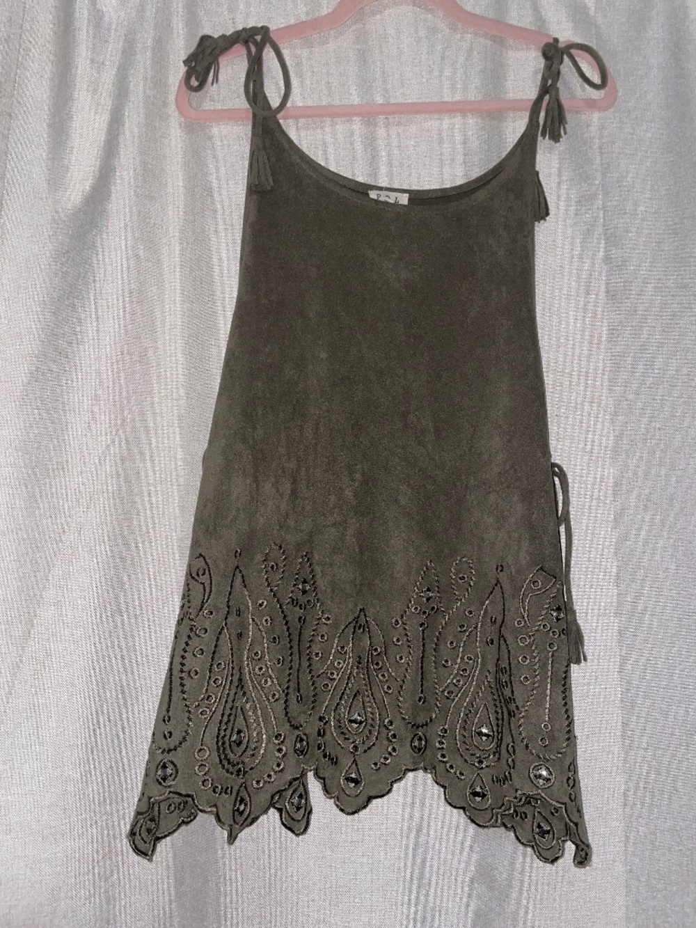 Forest green suede tank with jewels and cutouts